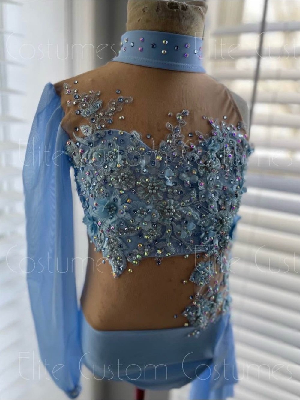 Light Blue Embellished Girls Dance Costume with Sheer Neckline